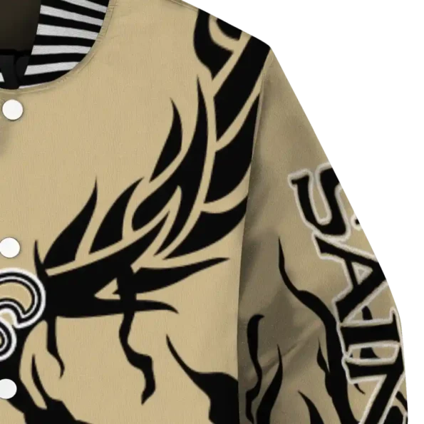 personalized new orleans saints winged blaze gold white varsity jacket premium grade