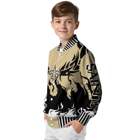 personalized new orleans saints winged blaze gold white varsity jacket trendy