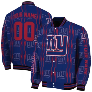 personalized new york giants bolt stripe blue varsity jacket fashion forward