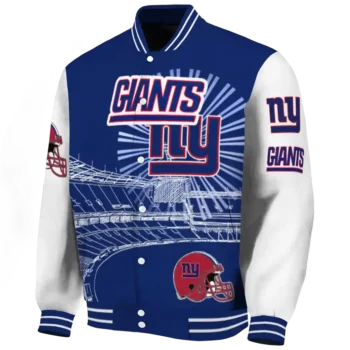 personalized new york giants ferris arena blue white varsity jacket best selling