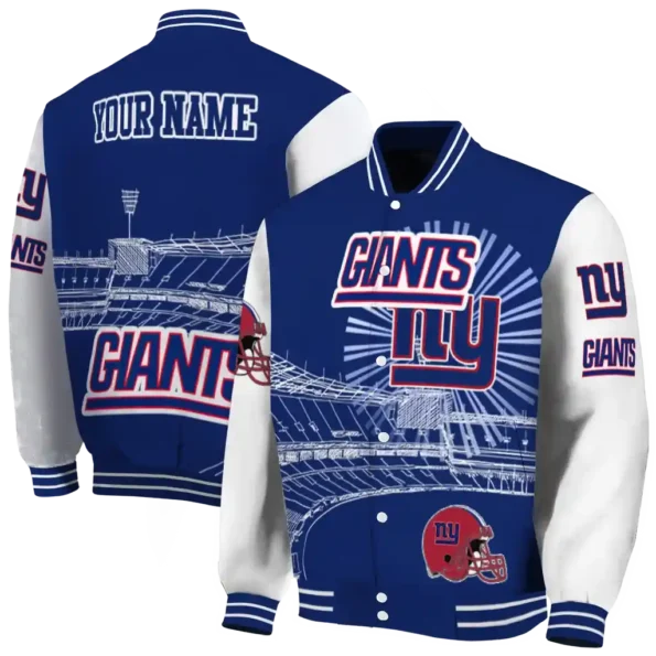 personalized new york giants ferris arena blue white varsity jacket fashion forward
