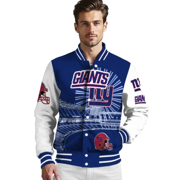 personalized new york giants ferris arena blue white varsity jacket high quality