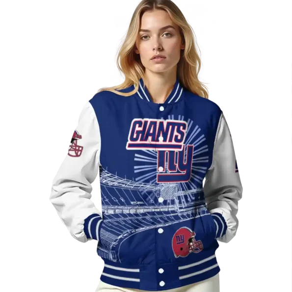 personalized new york giants ferris arena blue white varsity jacket latest model