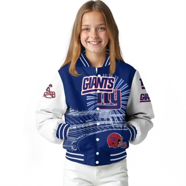 personalized new york giants ferris arena blue white varsity jacket top rated