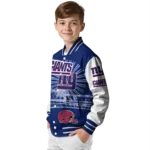 personalized new york giants ferris arena blue white varsity jacket best selling