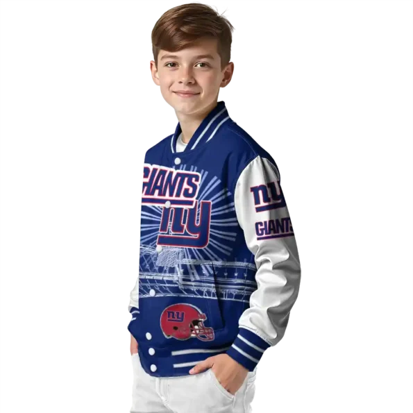 personalized new york giants ferris arena blue white varsity jacket trendy
