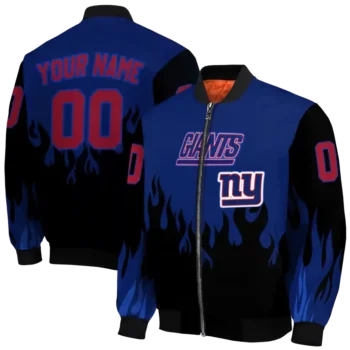 personalized new york giants flame border blue black bomber jacket fashion forward