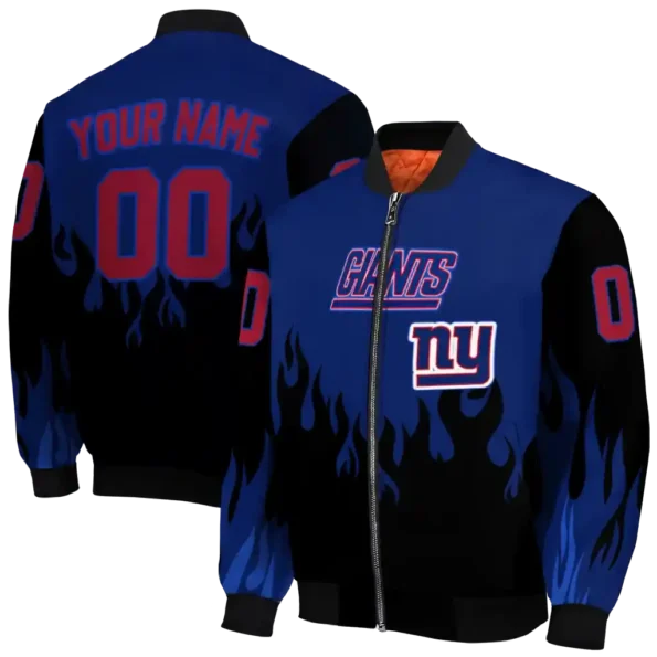 personalized new york giants flame border blue black bomber jacket fashion forward