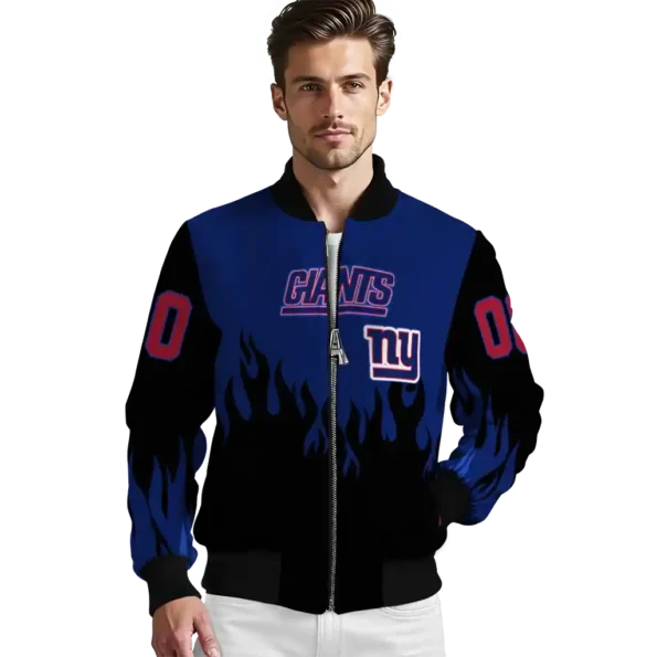 personalized new york giants flame border blue black bomber jacket high quality