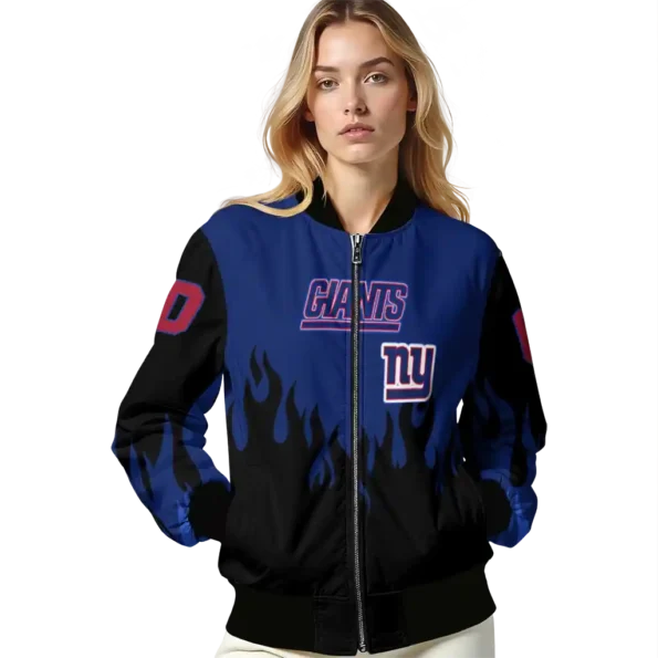 personalized new york giants flame border blue black bomber jacket latest model