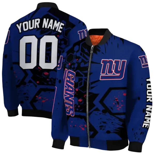 personalized new york giants hexagon cluster blue black bomber jacket fashion forward