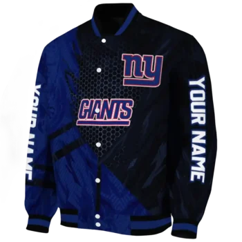 personalized new york giants hexagon mesh blue black varsity jacket best selling