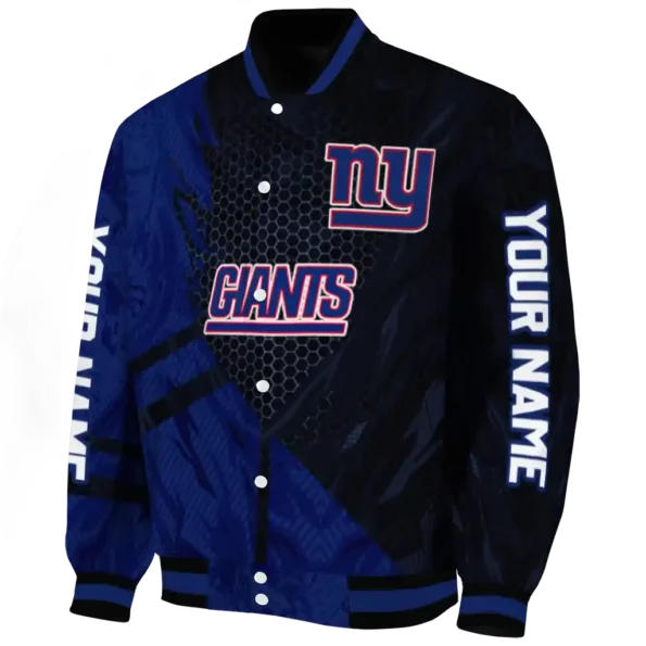 personalized new york giants hexagon mesh blue black varsity jacket best selling