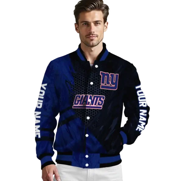 personalized new york giants hexagon mesh blue black varsity jacket high quality