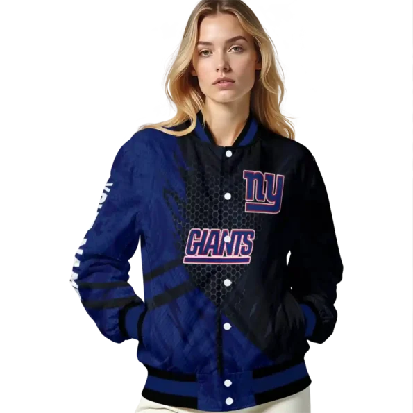 personalized new york giants hexagon mesh blue black varsity jacket latest model