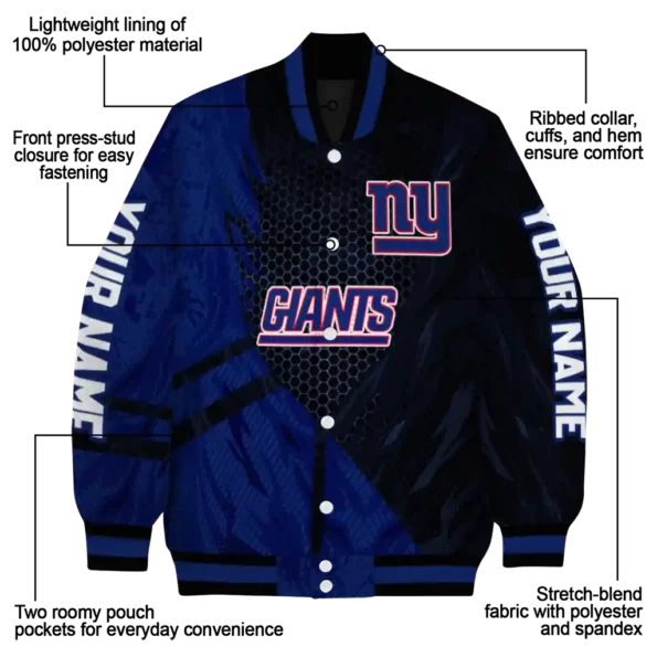 personalized new york giants hexagon mesh blue black varsity jacket new arrival