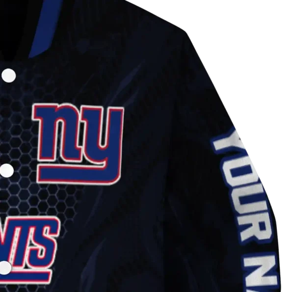 personalized new york giants hexagon mesh blue black varsity jacket premium grade