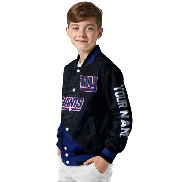 personalized new york giants hexagon mesh blue black varsity jacket trendy