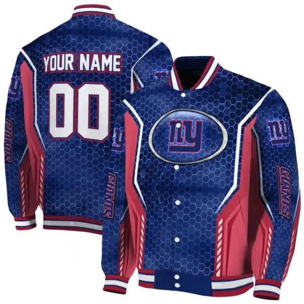 personalized new york giants power plate blue varsity jacket fashion forward