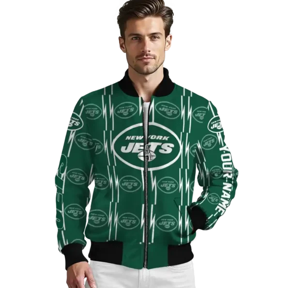 personalized new york jets bolt stripe green bomber jacket high quality