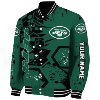 personalized new york jets hexagon cluster green black varsity jacket best selling