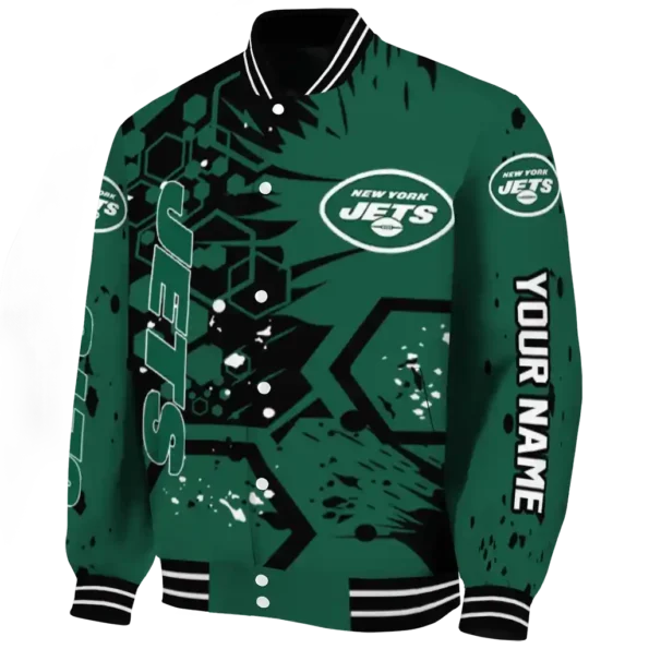 personalized new york jets hexagon cluster green black varsity jacket best selling