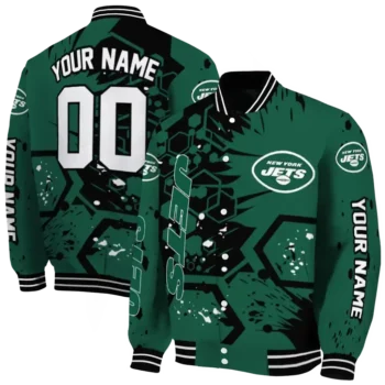 personalized new york jets hexagon cluster green black varsity jacket fashion forward