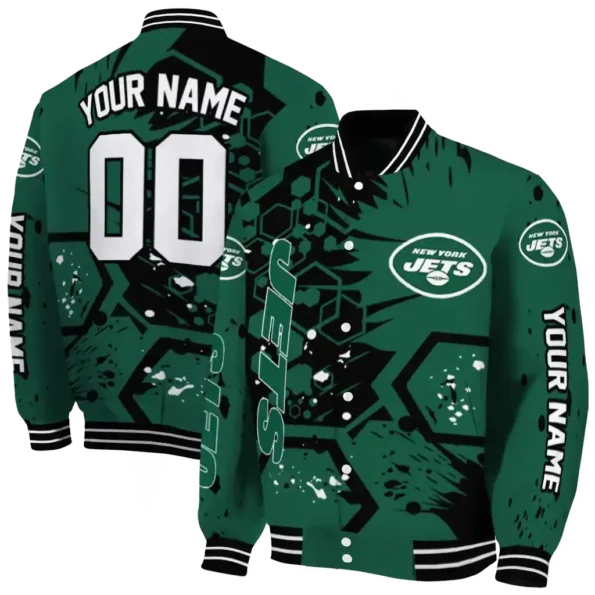 personalized new york jets hexagon cluster green black varsity jacket fashion forward
