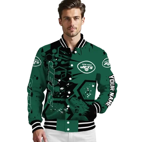 personalized new york jets hexagon cluster green black varsity jacket high quality
