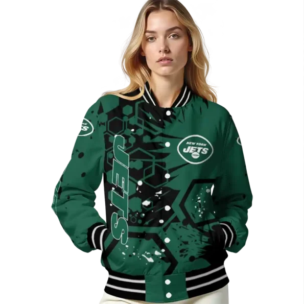 personalized new york jets hexagon cluster green black varsity jacket latest model