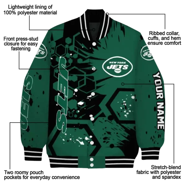 personalized new york jets hexagon cluster green black varsity jacket new arrival