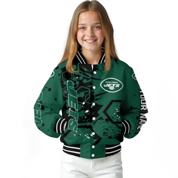 personalized new york jets hexagon cluster green black varsity jacket top rated