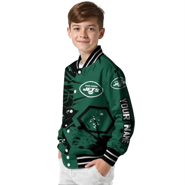 personalized new york jets hexagon cluster green black varsity jacket trendy