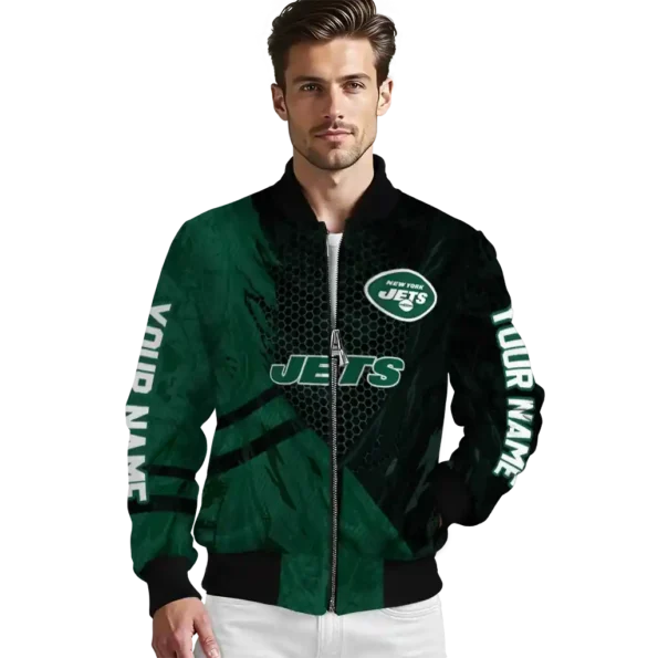 personalized new york jets hexagon mesh green black bomber jacket high quality