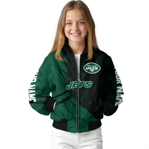 personalized new york jets hexagon mesh green black bomber jacket top rated