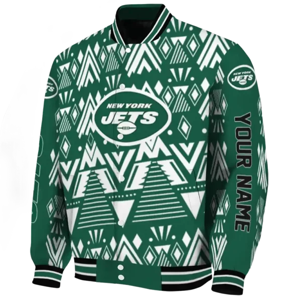 personalized new york jets pyramid shapes green varsity jacket best selling