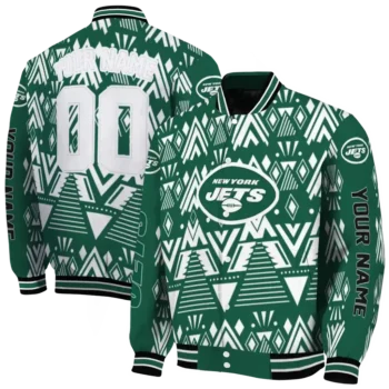 personalized new york jets pyramid shapes green varsity jacket fashion forward