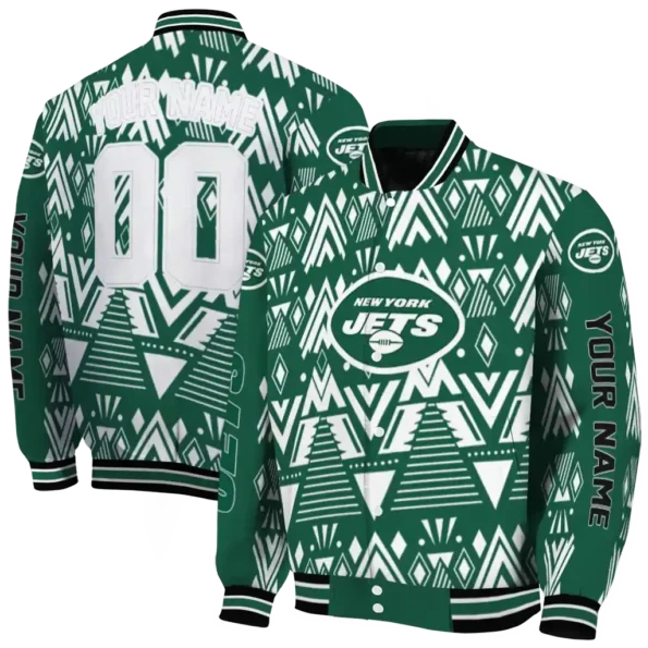 personalized new york jets pyramid shapes green varsity jacket fashion forward