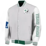 personalized new york jets speckled arms green gray varsity jacket best selling