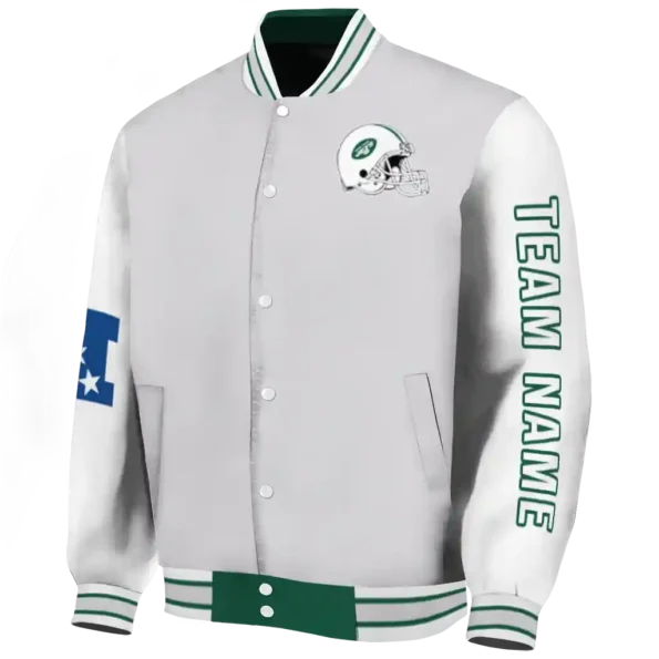 personalized new york jets speckled arms green gray varsity jacket best selling