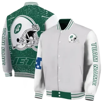 personalized new york jets speckled arms green gray varsity jacket fashion forward