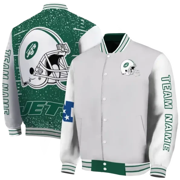 personalized new york jets speckled arms green gray varsity jacket fashion forward