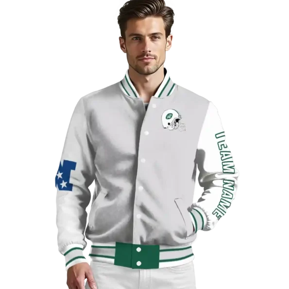 personalized new york jets speckled arms green gray varsity jacket high quality