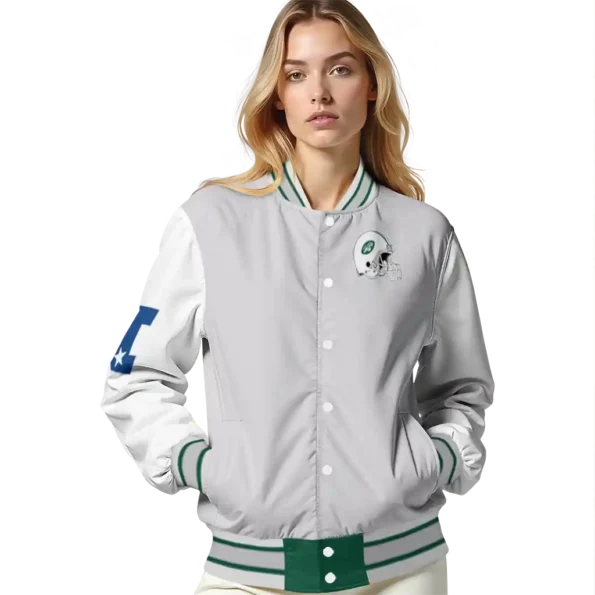 personalized new york jets speckled arms green gray varsity jacket latest model