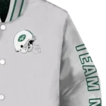 personalized new york jets speckled arms green gray varsity jacket best selling