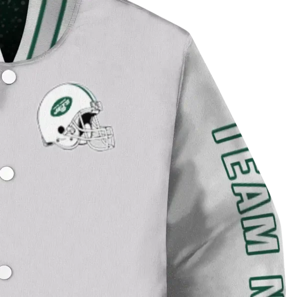 personalized new york jets speckled arms green gray varsity jacket premium grade