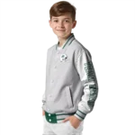 personalized new york jets speckled arms green gray varsity jacket best selling