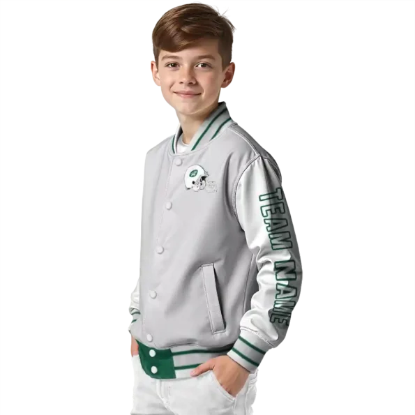 personalized new york jets speckled arms green gray varsity jacket trendy
