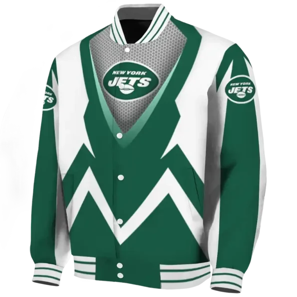 personalized new york jets v stripes green white varsity jacket best selling