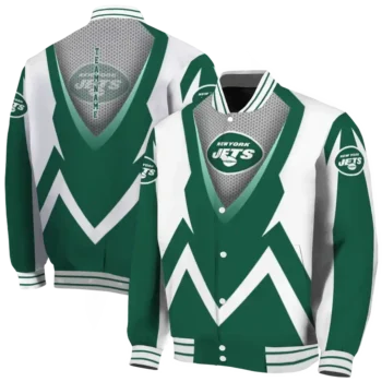personalized new york jets v stripes green white varsity jacket fashion forward